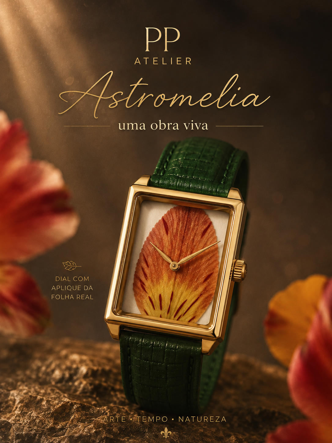 Banner original Astromélia, com mostrador botânico, caixa dourada e pulseira verde.