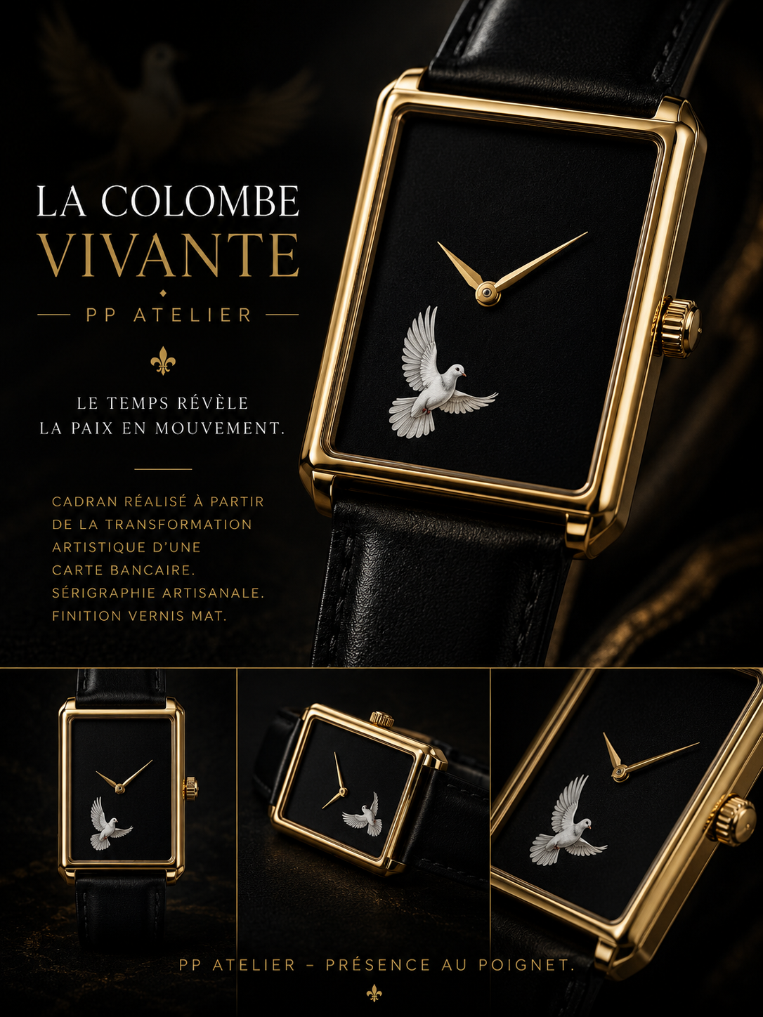 Banner La Colombe Vivante, com uma pequena pomba em mostrador preto e caixa dourada.
