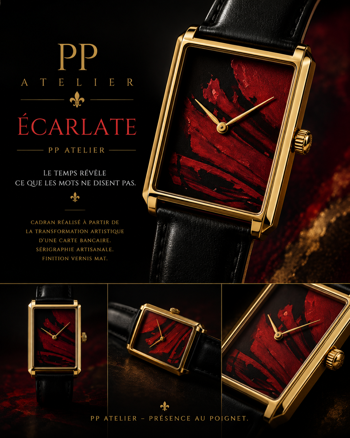 Banner original Écarlate, com grafismo vermelho sobre preto e caixa dourada.
