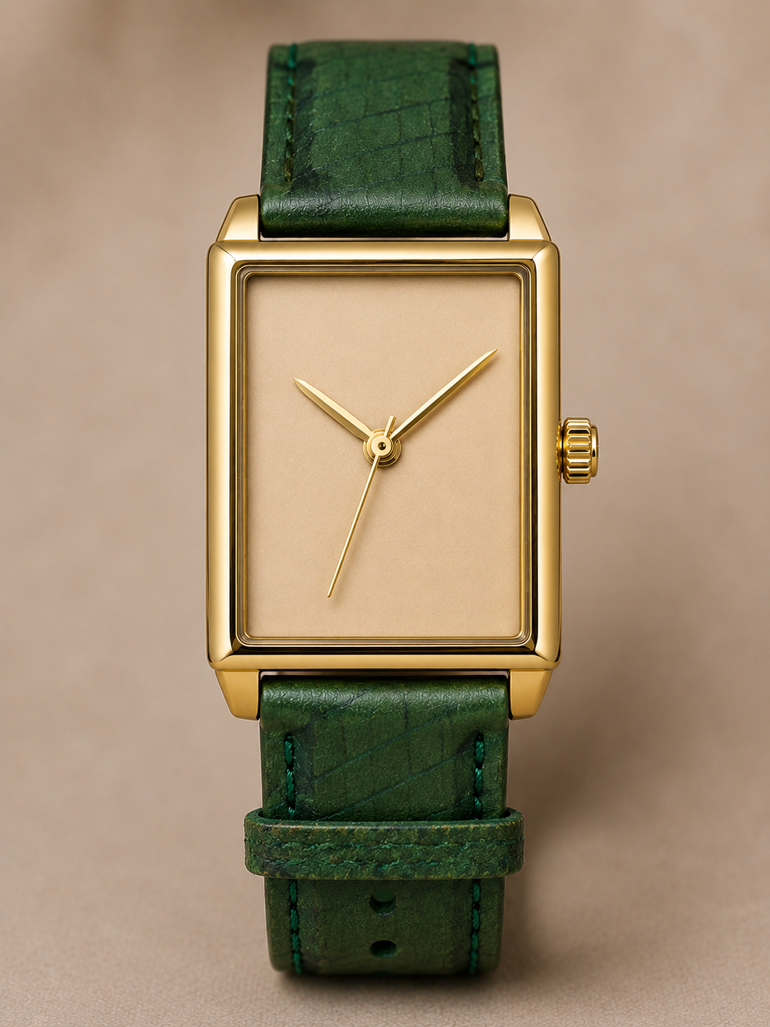 Estudo digital de relógio retangular dourado com dial bege sem marcadores e pulseira verde.