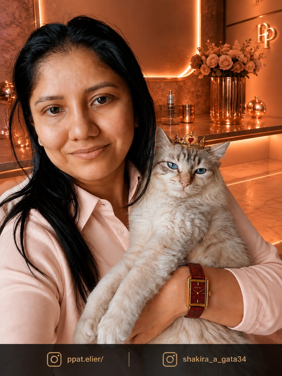Composição editorial com uma mulher segurando uma gata de olhos azuis e usando o PP Atelier Fragaria no pulso.