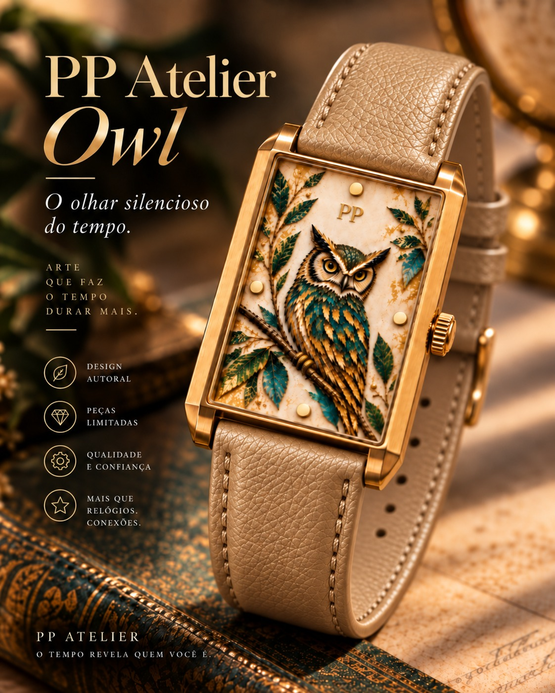 PP Atelier Owl com pulseira bege em PU premium.