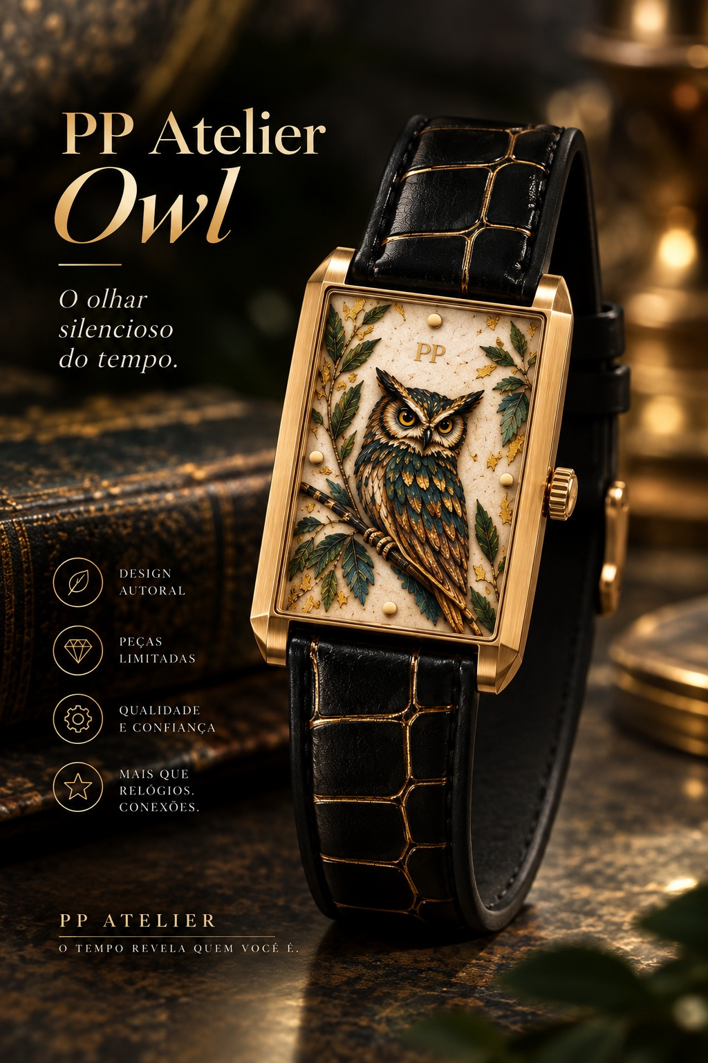 PP Atelier Owl com pulseira Custom Premium preta e dourada em PU premium.